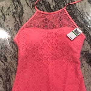 Bright coral crochet one piece bathing suit